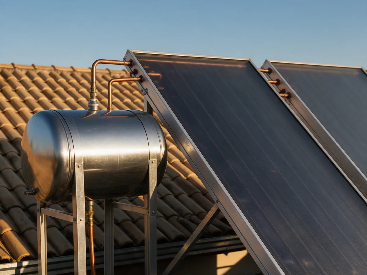 Boiler de inox e coletores solares instalados sobre telhado de cerâmica