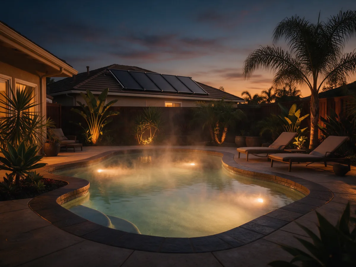 Piscina aquecida ao anoitecer, com vapor saindo da água