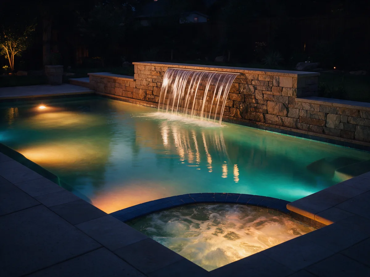 Piscina à noite com cascata de pedra e iluminação LED
