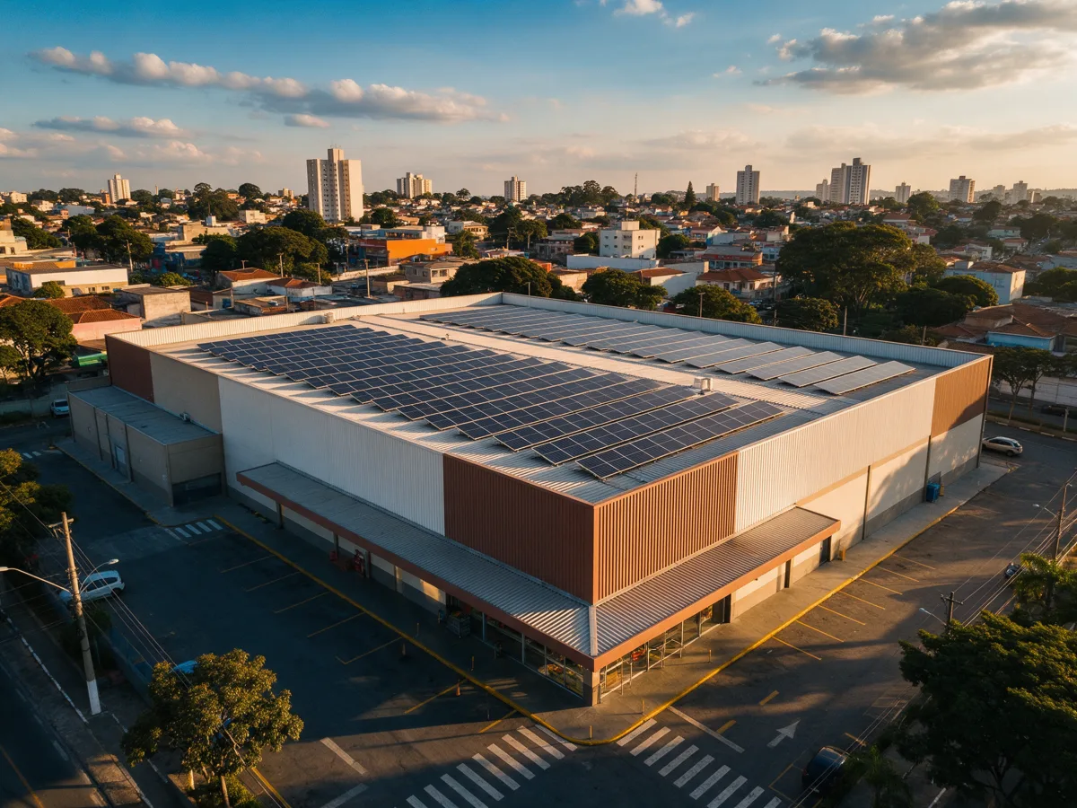Telhado de prédio comercial com fileiras de placas solares