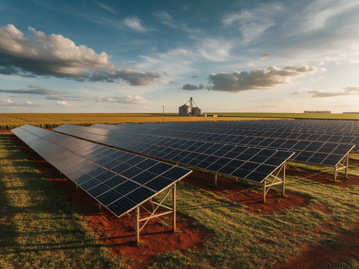 Usina solar montada no solo em fazenda com lavoura e silo ao fundo